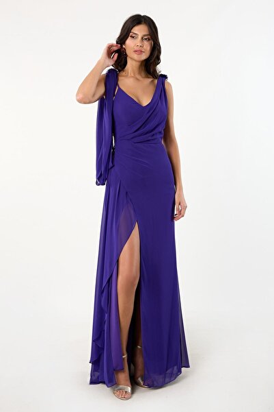 Spazio Cibelli V Yaka Omuz Şal Taş Aksesuar Detaylı Uzun Abiye Elbise MOR