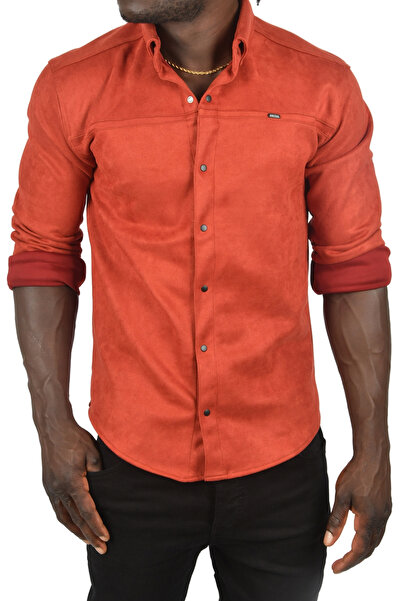 DeepSEA Чоловіча сорочка з лікрою, кольору черепиці, на кнопках, не мнеться, з замшу, облягаючий крій, без кишень, сезонна.