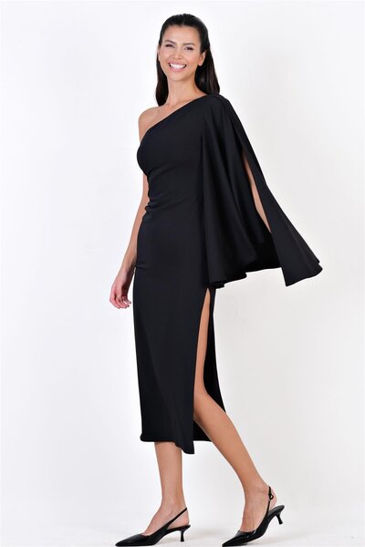 Spazio Clario Geniş Kesim Tek  Kol Uzun Abiye Elbise SİYAH
