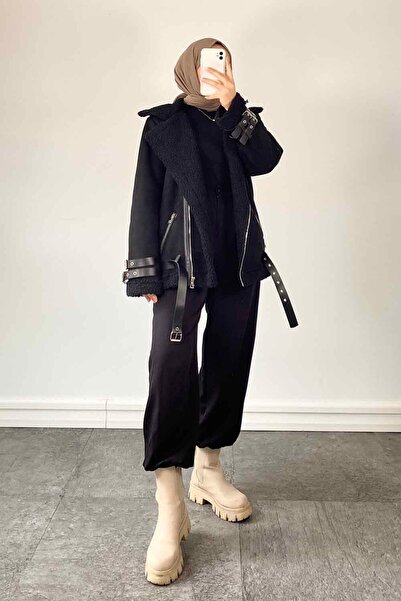 lamelif Μαύρο σουέτ μπουφάν Biker - Με γούνα εσωτερικά