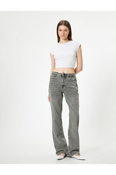 Koton Nora Jeans - Straight Wide Leg, Standard Waist, Straight Fit Washed Jeans