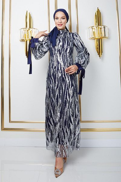 Olcay Ärmel, Schnürung, Pailletten, gemusterter Tüll, Hijab-Abendkleid, Dunkelblau 1220