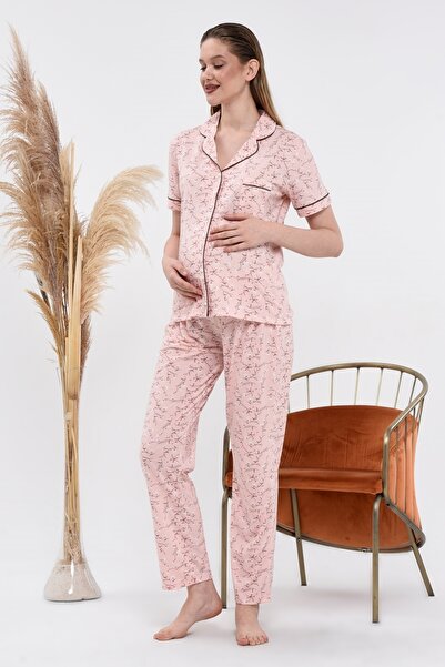 LadyMina Pijama Hamile Ve Lohusa Pembe Çiçek Desen Kısa Kol Ikili Pijama Takımı