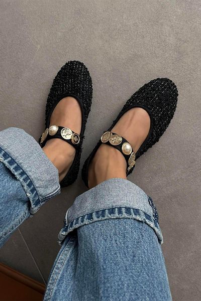 STRASWANS Leonardo Women - Black Linen Ballerinas with Accessory Detail