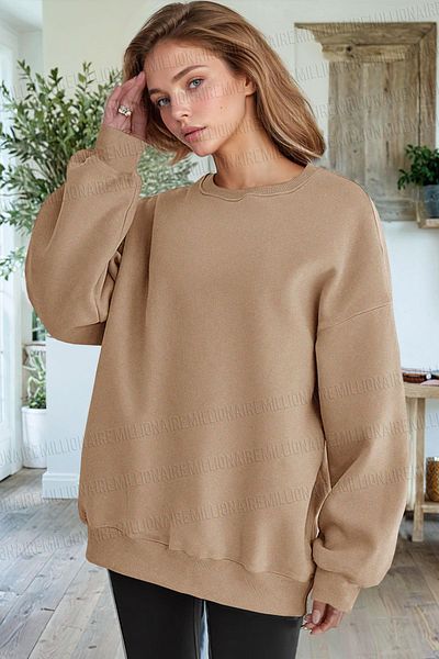Millionaire Γυναικείο φούτερ Camel Basic 0 Crew Neck Unprinted Απλό Oversize Φαρδύ φλις φούτερ
