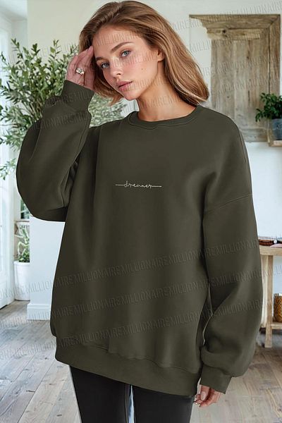 Millionaire Women's Khaki Dreamer Printed 0 Crew Neck Oversize Loose Loose Cut Fleece Sweatshirt