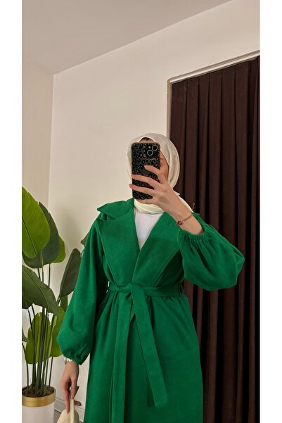 Aranlı tekstil Oversize Cut Bathrobe Type Stamped Women's Coat with Gathered Sleeves and Mobile Belt