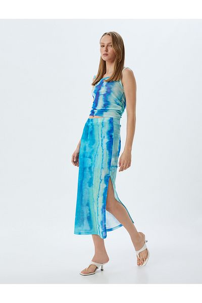 Koton Şahika Ercümen Fusta midi cu model batik - cu fantă laterală