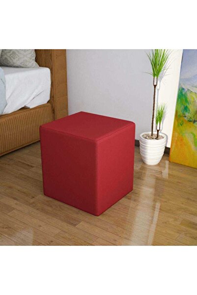 Modilayn Kare Puf Ahşap İskelet Kırmızı Kadifemsi Kumaş Döşeme