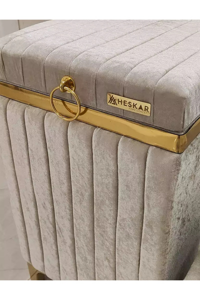 Özyer Çeyiz 3 Parça Kare Açık Kahverengi Altın Şeritli Modern Kadife Banyo Kirli Sepeti