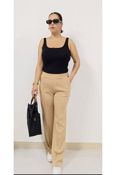 AKŞEN GİYİM LARGE SIZE STRETCH COTTON CUPRA FABRIC GRASS STITCHED HIGH WAIST TREND PALAZZO PANT