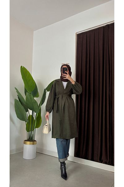 hacer ayaydın Μανίκια Gathered Mobile Belted Oversize Cut Μπουρνούζι Τύπος Κασέ Γυναικείο παλτό