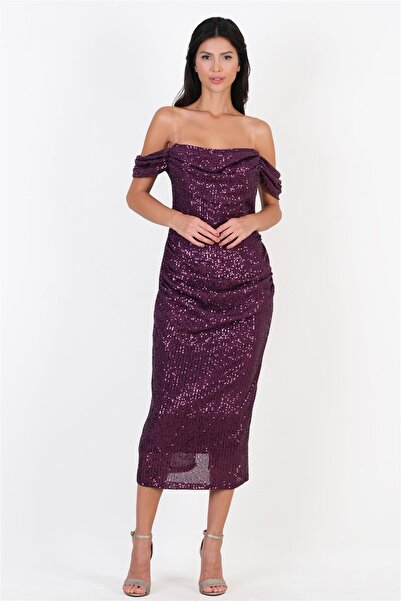 Spazio Palmintieri Düşük Kol Straplez Yaka Payetli Kısa Abiye Elbise MOR
