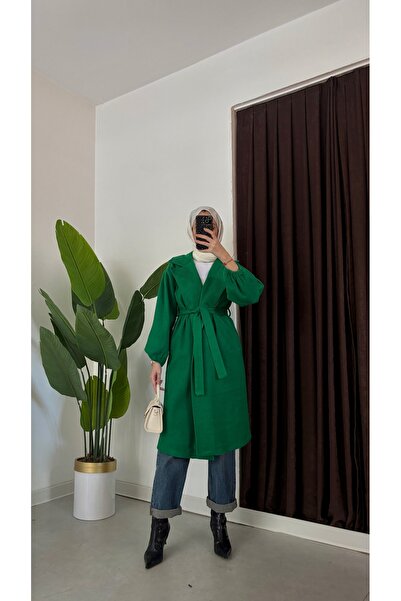 Aranlı tekstil Oversize Cut Bathrobe Type Stamped Women's Coat with Gathered Sleeves and Mobile Belt