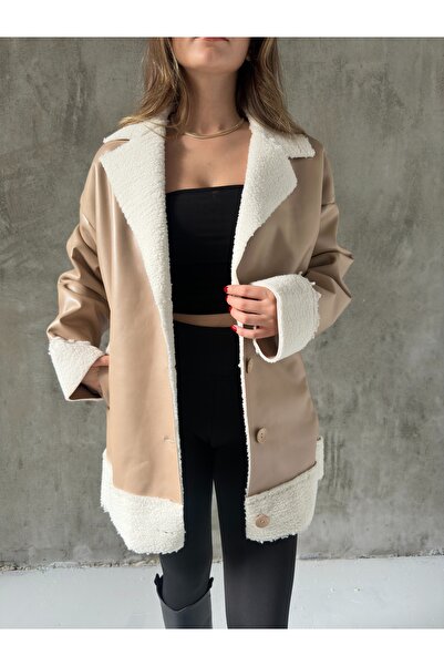 asfamoda Jachetă de damă din piele de pluș cu buzunar din blană crem