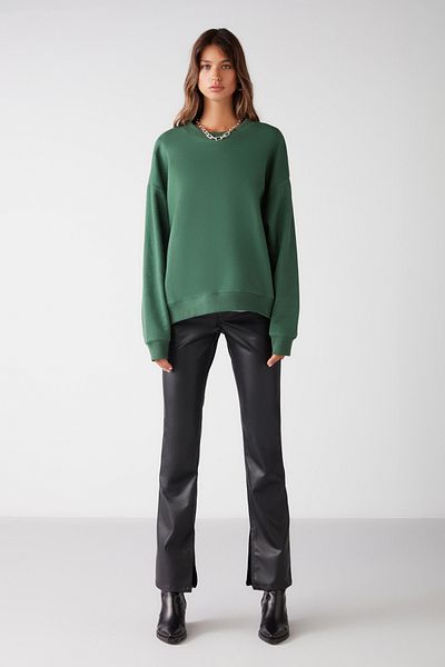 GRIMELANGE Vaneltına zelená oversize mikina – fleece, 3 vlákna organická bavlna, výstrih