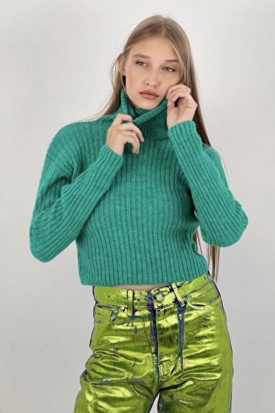 Miss Poem Women's Turtleneck Crop Long Sleeve Ribbed Short Green Knitwear Sweater