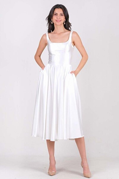 Spazio Nema Sırtı Çapraz Bağlamalı U Yaka Midi Abiye Elbise EKRU