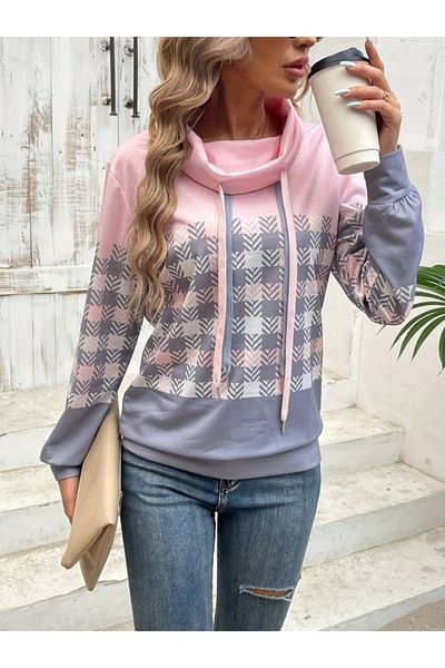 Trendusfashion Bluză de damă cu mânecă lungă, cu gât țesut, cu șireturi, cu imprimeu înălțat
