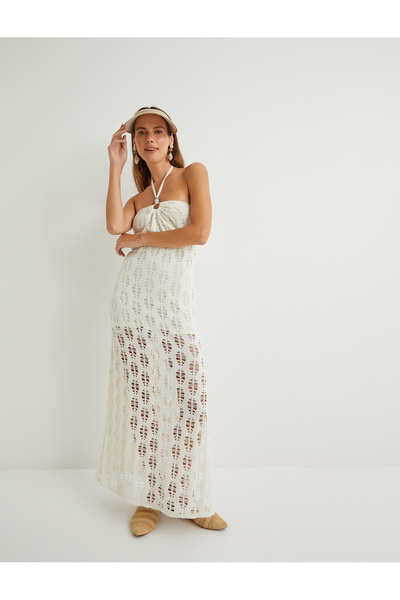 Koton Şahika Ercümen - Μακρύς γιακάς, Φόρεμα με σκίσιμο βελονάκι, Λεπτομέρειες με χάντρες