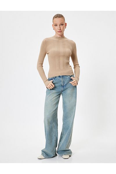 Koton Light Knitwear Sweater - Stand Collar, Long Sleeve, Textured