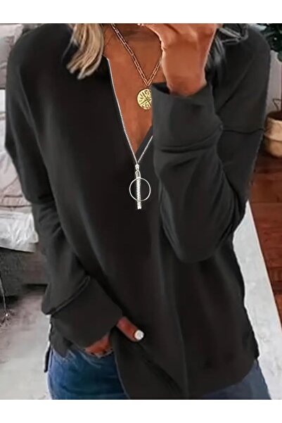 Viyamo Bluză de damă cu mânecă lungă, guler deschis, cu fermoar