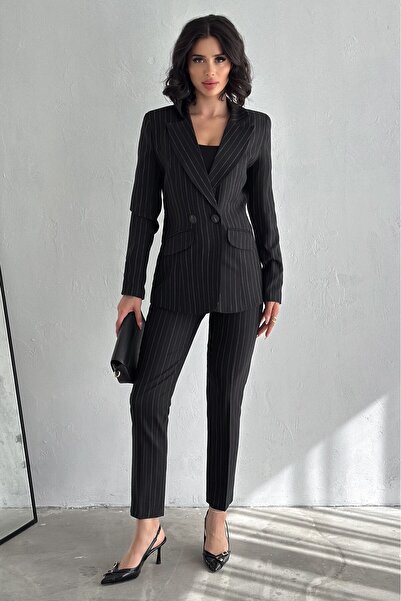 diaves Siyah Çizgi Desenli Blazer Ceket Boru Paça Pantolon Pamuklu Dokuma KumaşTakım Elbise