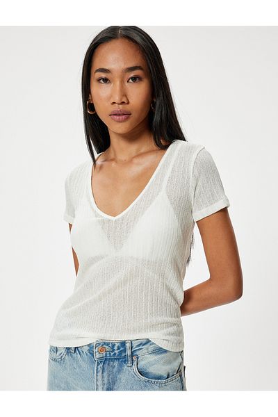 Koton Strukturiertes, halbtransparentes Kurzarm-T-Shirt mit V-Ausschnitt