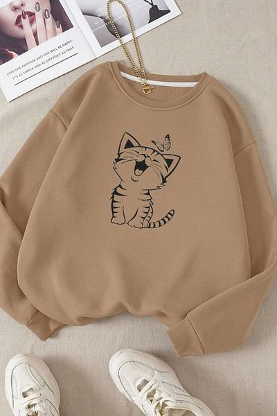 Moda Glo Βαμβακερό φούτερ Unisex Cat Printed Crew Neck