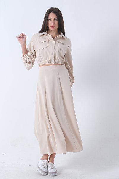 Feminist Beli Lastikli Cepli Ceket ve Etek İkili Takım Taş 4595053