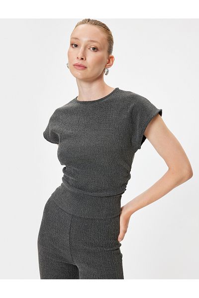 Koton Crew Neck Slim Fit Textured Cap Sleeve T-Shirt
