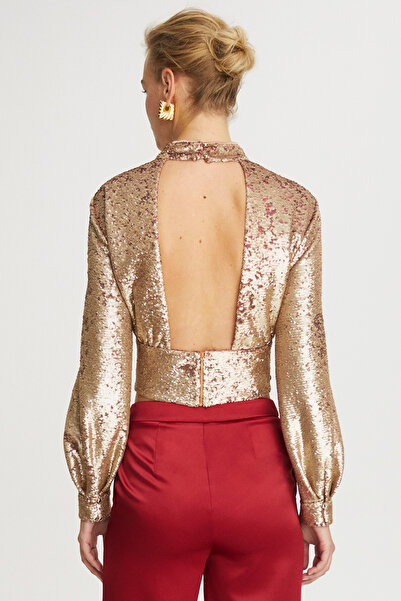 Perspective Laras High Collar Sequined Long Sleeve Gold Color Evening Dress Blouse