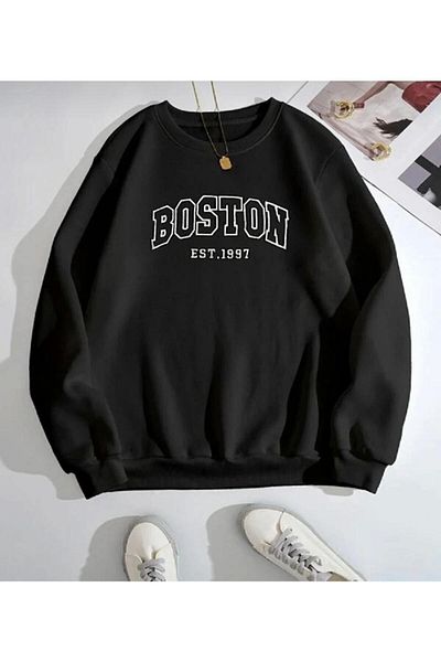 Moda Glo Hanorac din bumbac fără glugă, unisex, negru, imprimat Boston