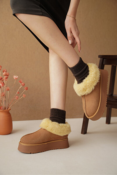 Riccon Loralath Kadın Yüksek Tabanlı Kürklü Rahat Bot 0012203 Taba