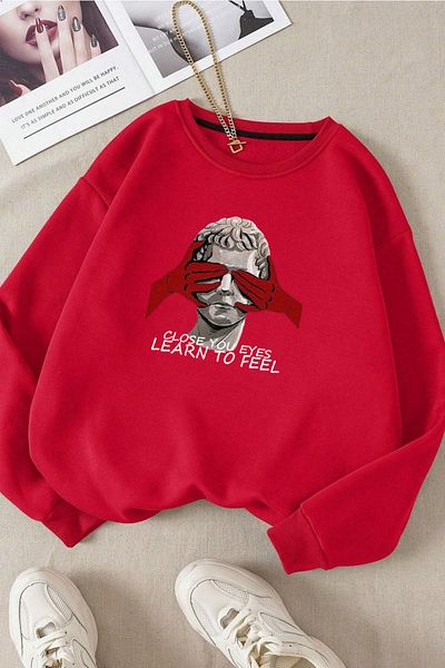 Moda Glo Унисекс памучен суитшърт с щампа „Learn To Feel“ и кръгло деколте