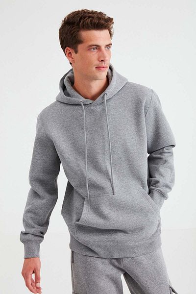 GRIMELANGE Jorge Men's Soft Hooded Organic Cotton Kangaroo Pocket Regular Light Gray Sweatshirt