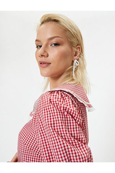 Koton Breites Crop-Shirt mit Ballonärmeln und Gingham-Stickerei