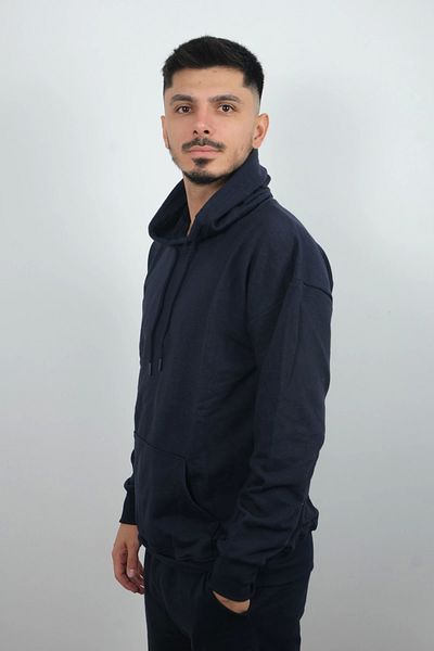 Booss Milano Men's Solid Fleece Sweatshirt with Hood and Front Pocket Navy