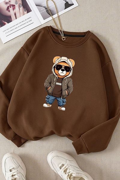 Moda Glo Βαμβακερό φούτερ με στάμπα Bruh Bear με λαιμόκοψη