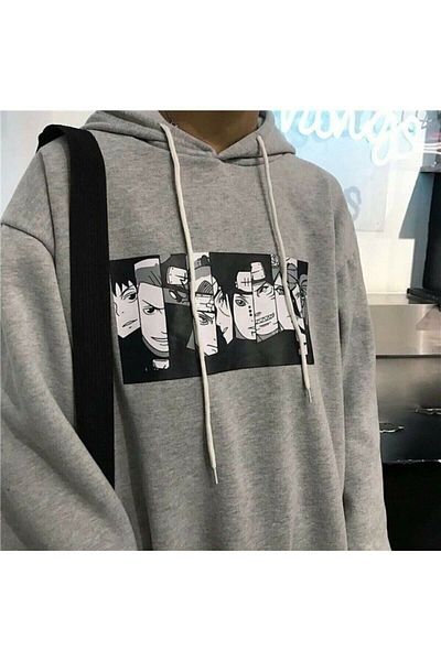 Moda Glo Μπλάκτζακ Φούτερ Anime με γκρι κουκούλα Naruto