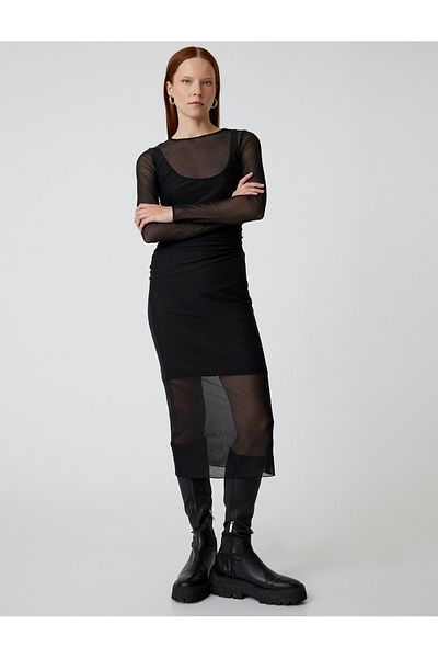 Koton Langärmliges Rundhals-Bleistiftkleid aus Tüll – Gefüttert