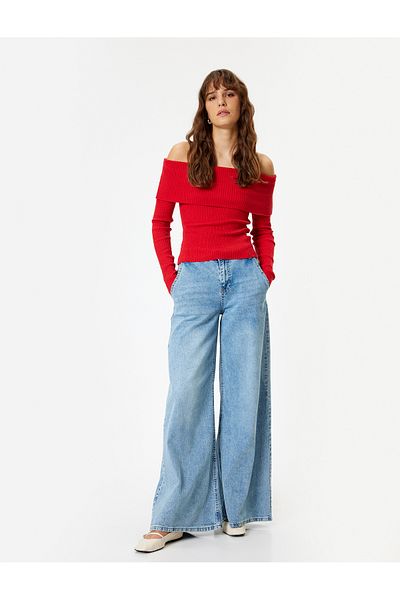 Koton Floor Detailed Ribbed Long Sleeve Knitwear Off-The-Shoulder Sweater