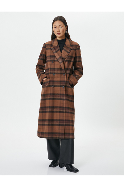 Koton Γυναικείο Καφέ Καρό Παλτό