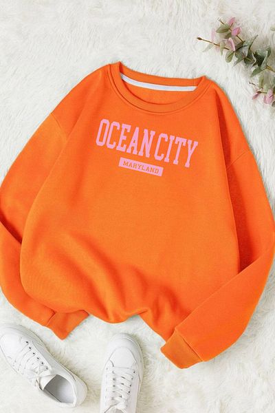 Moda Glo Унисекс памучен суитшърт с щампа Ocean City и кръгло деколте