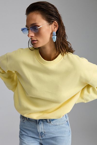 GRIMELANGE Vaneltına - Hanorac galben pentru damă, fleece, supradimensionat, cu gât, bumbac organic cu 3 fire