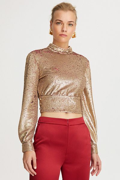 Perspective Laras High Collar Sequined Long Sleeve Gold Color Evening Dress Blouse