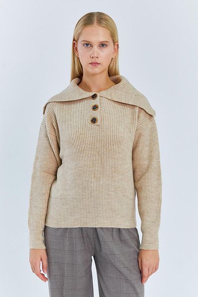 Mixray 6900 Model Beige Γυναικείο Πλεκτό Πουλόβερ - Κουμπιά και γυριστό γιακά
