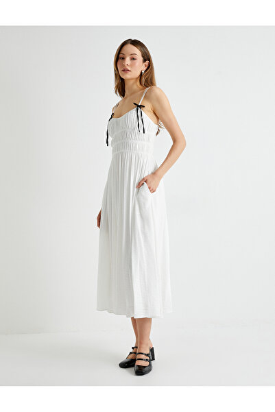 Koton Midi Ince Askılı Elbise Astarlı Cepli Fiyonk Detaylı