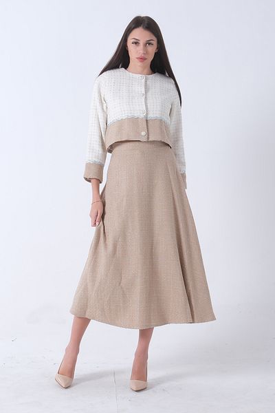Feminist Beige Plaid Patterned Jacket and Skirt Set - 4595059