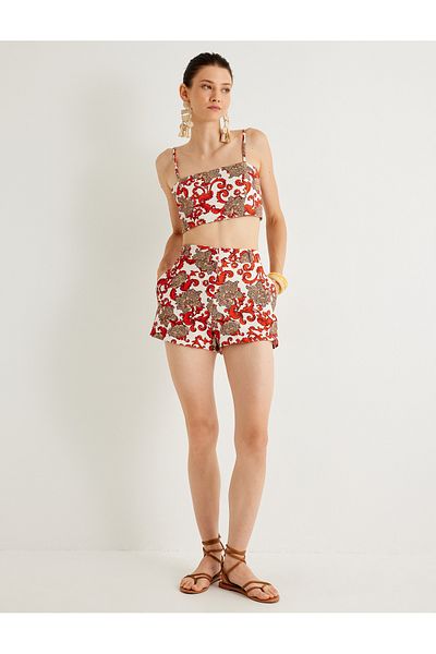 Koton High Waist Pocket Melis Flower Patterned Mini Shorts